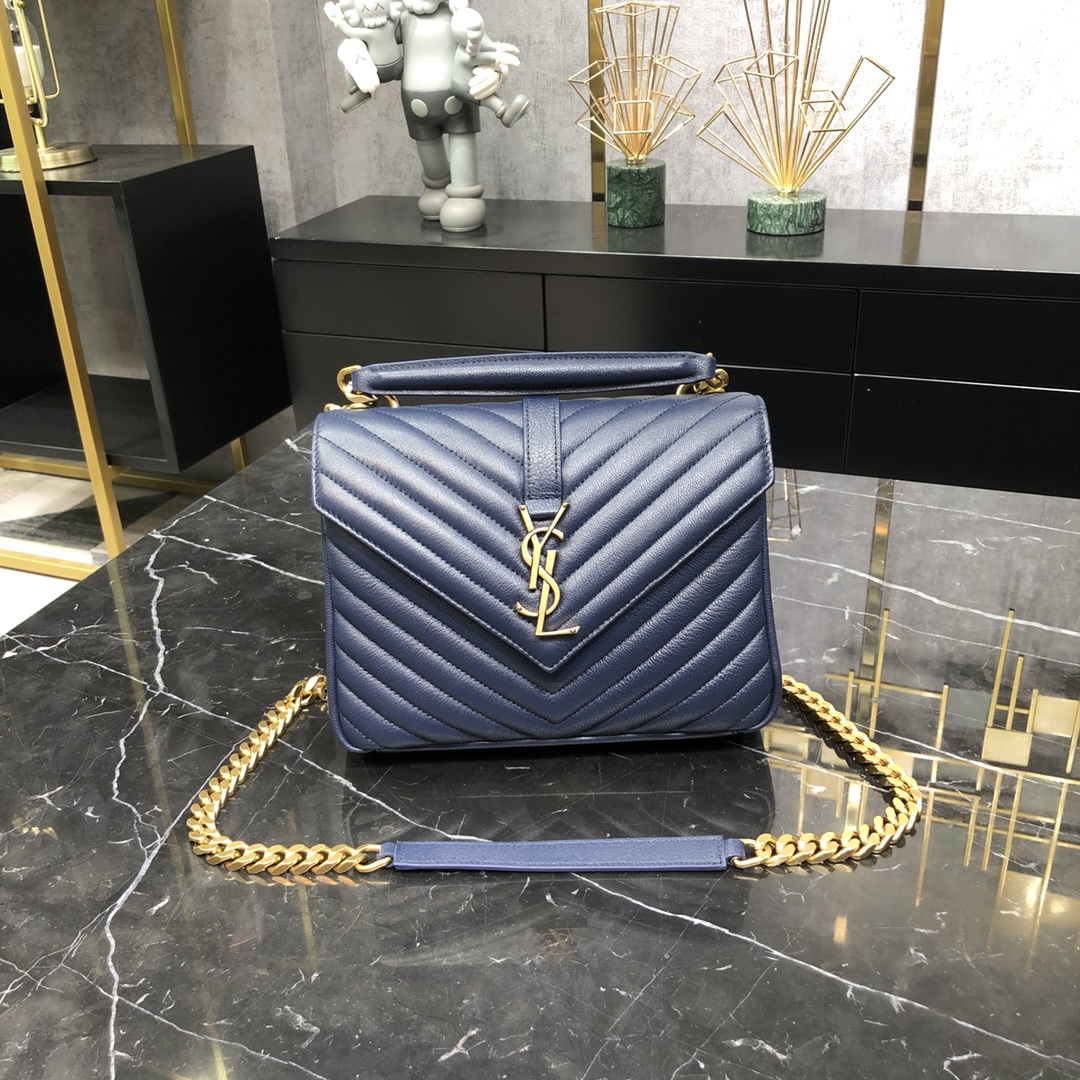 Saint Laurent Lambskin College Handbag Shoulder Bag Navy Blue 600279 Gold